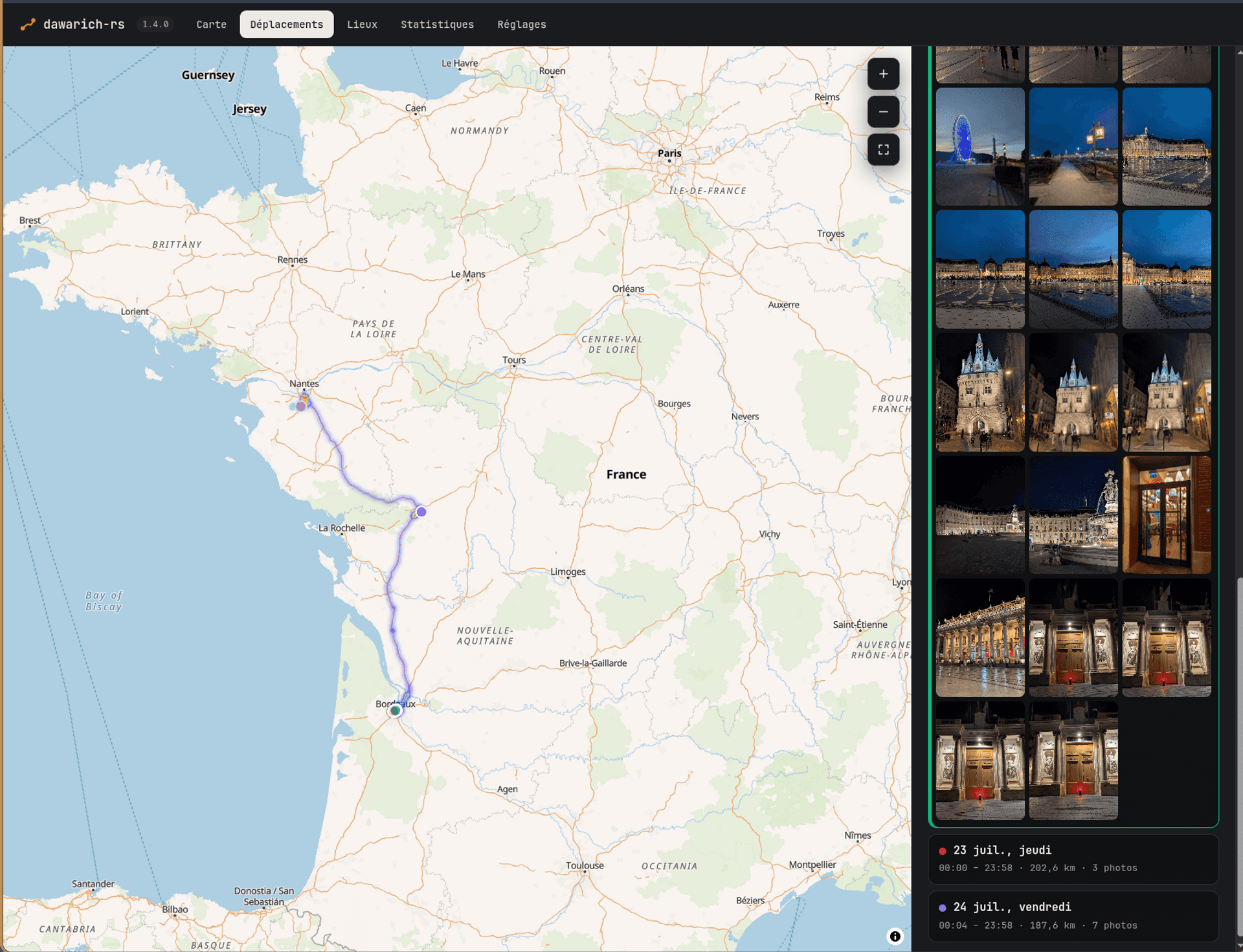 dawarich-rs trips page: the route from Nantes to Bordeaux on the map, with the day's Immich photos next to it