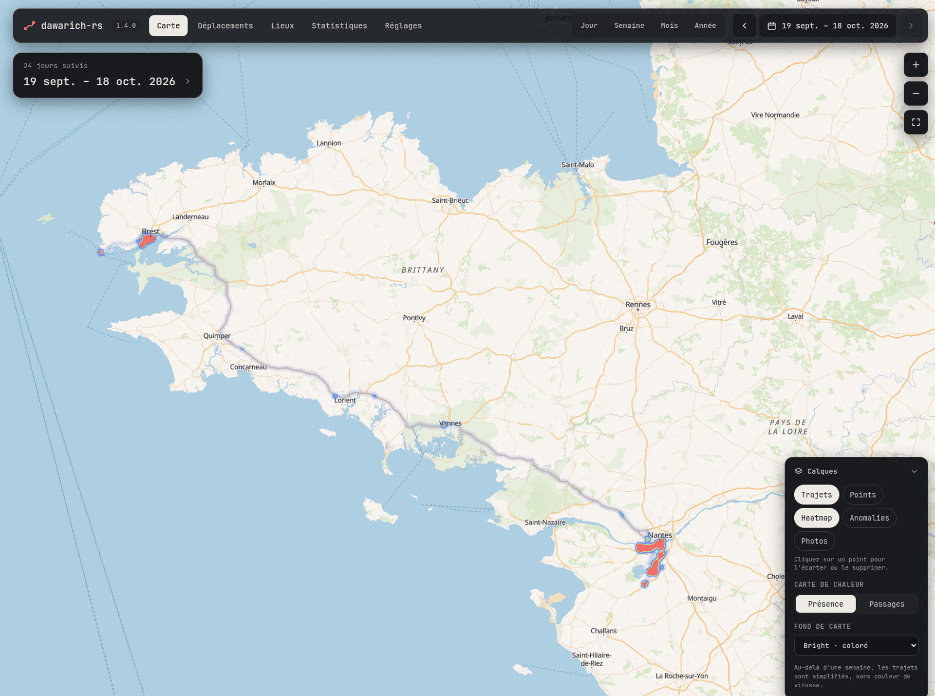 dawarich-rs map: a month of trips across Brittany, with the heatmap and layers panel